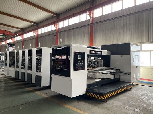1200 mm Impresión automática de flexo, ranuras, corte por die, plegado, adhesivo, correas en línea